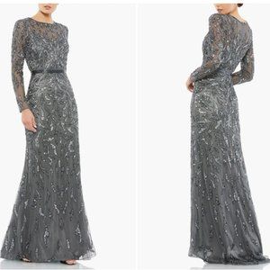 MA CDUGGAL 5924 BEADED LONG SLEEVE CHARCOAL EVENING GOWN sz 12